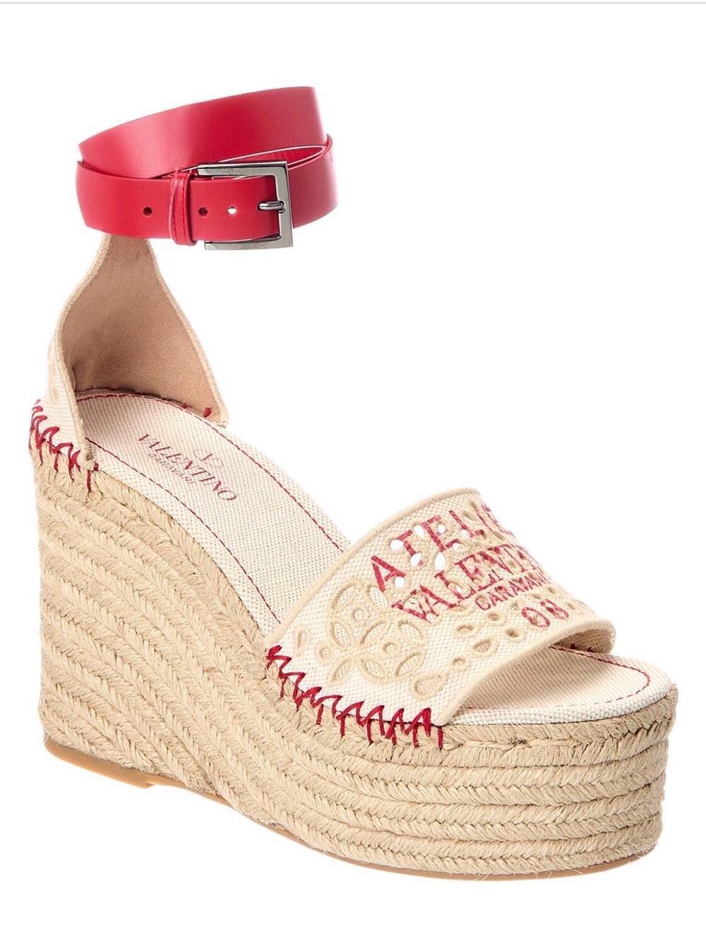 Valentino Red Leather Ankle-Strap Espadrille Wedge